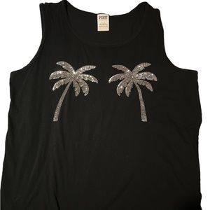 Vs Pink sequin palm trees muscle tank tee, silver bling